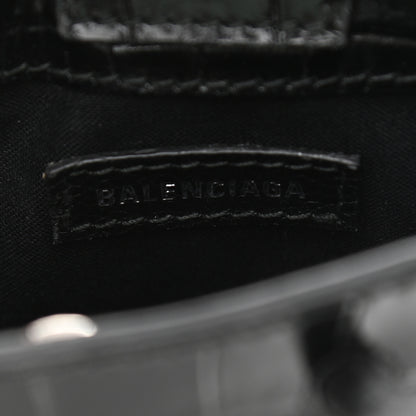 Balenciaga Calfskin Crocodile Embossed Logo Shopping Phone Holder Bag Black 6 of 11
