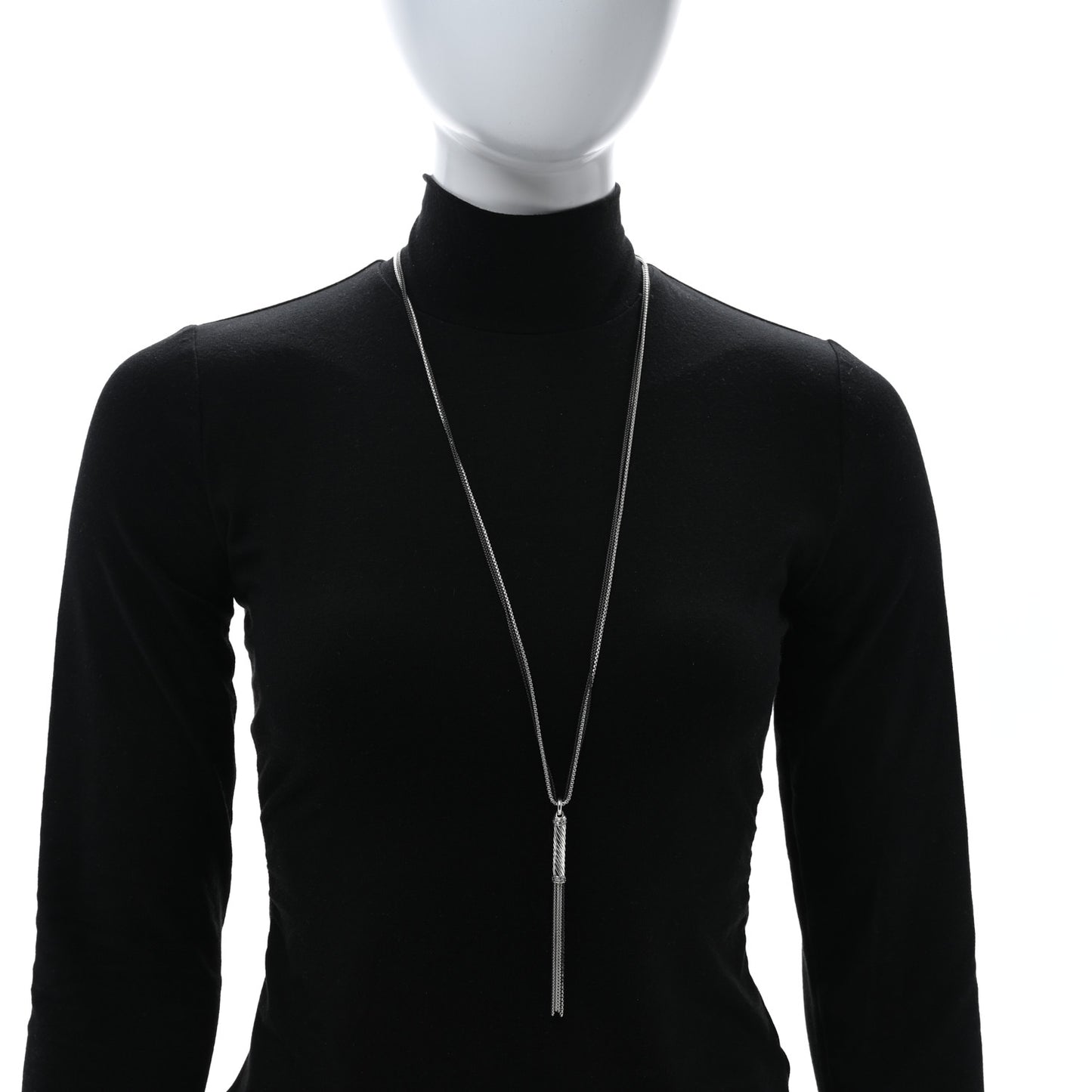 Sterling Silver Diamond Cable Tassel Pendant Box Chain Necklace Black