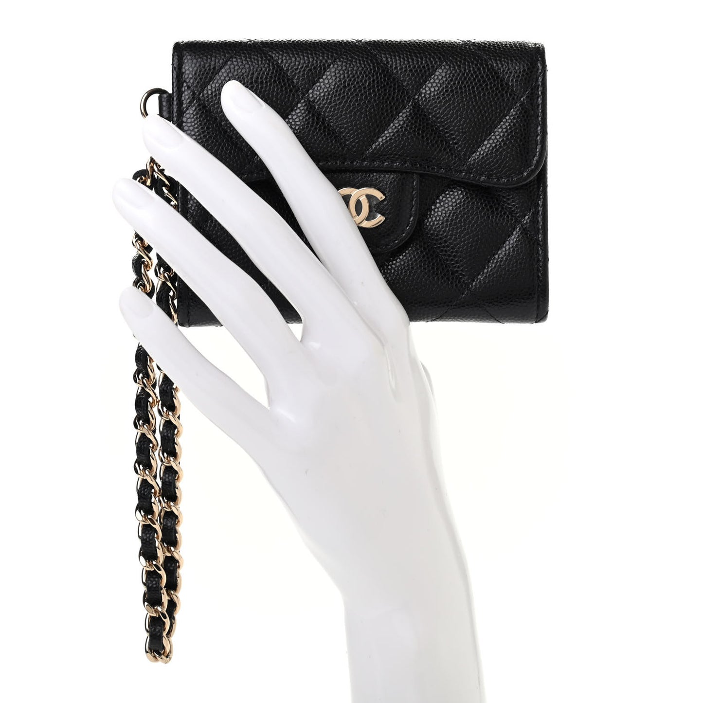 Caviar Quilted Flap Card Holder Chain Wristlet Black