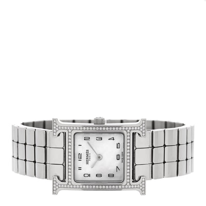 Hermes Stainless Steel Diamond Bezel Mother of Pearl 21mm Heure H Hour Quartz Watch 2 of 5