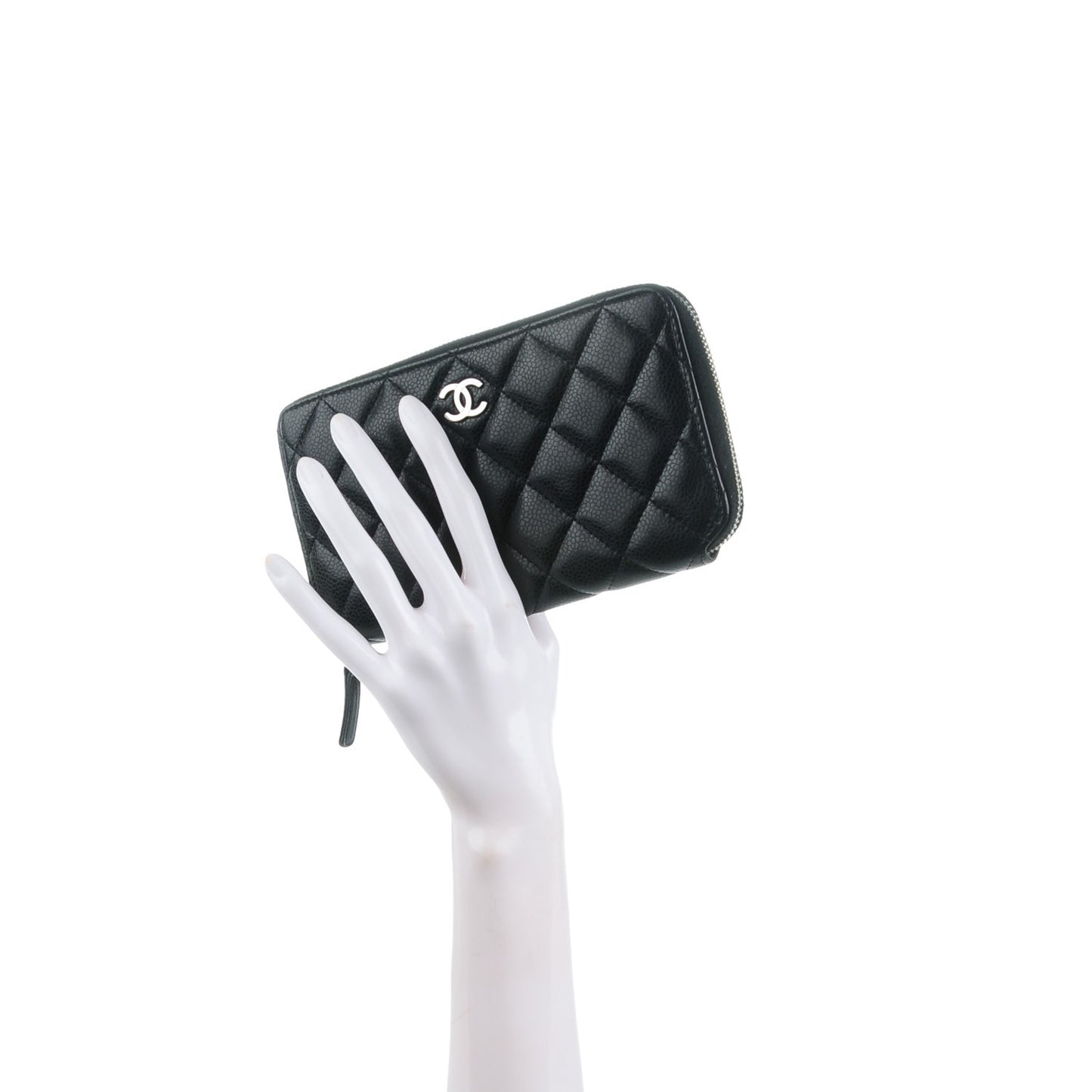 Glazed Caviar Quilted Large Zip Around Wallet Black