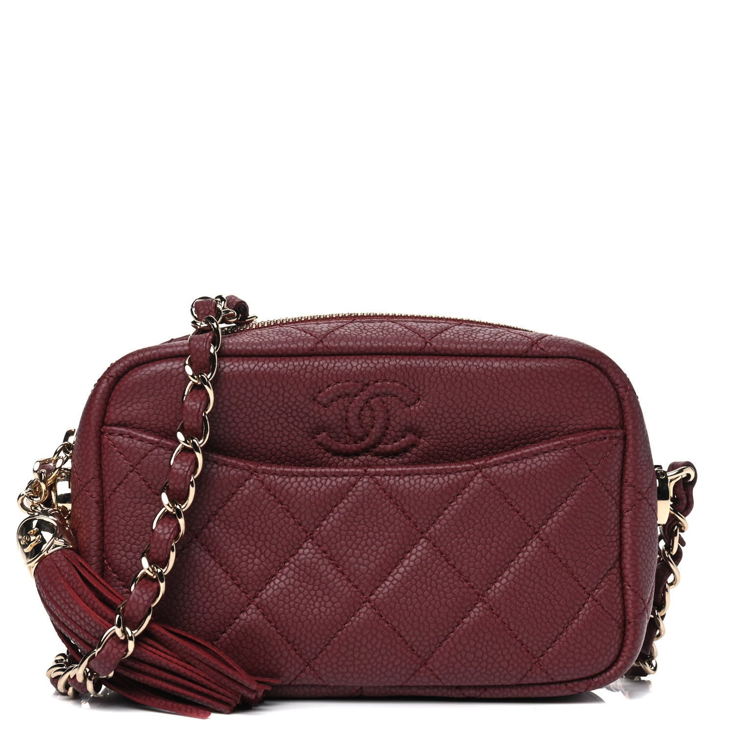 Caviar Quilted Mini Coco Tassel Camera Case Burgundy