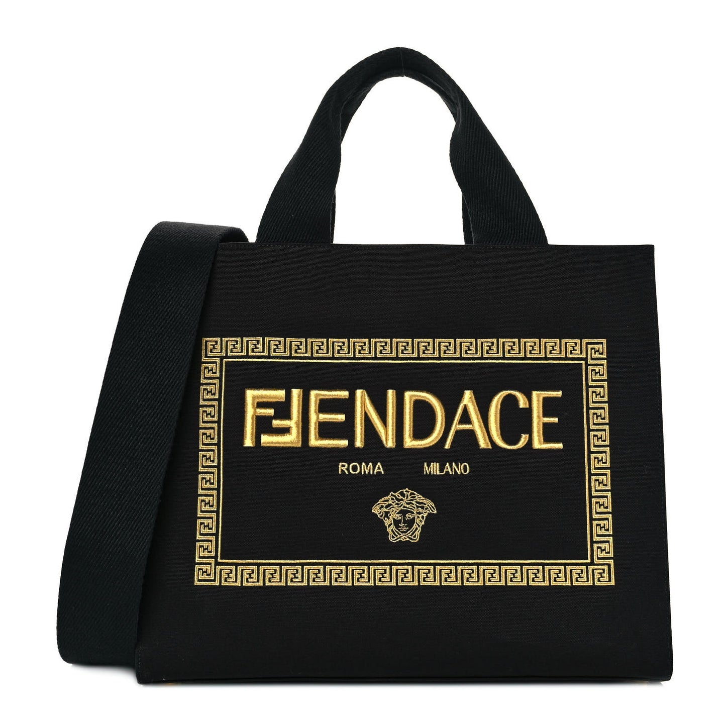 X VERSACE Cotton Canvas Cuoio Romano Fendace Logo Embroidered Signature Shopping Tote Black Gold