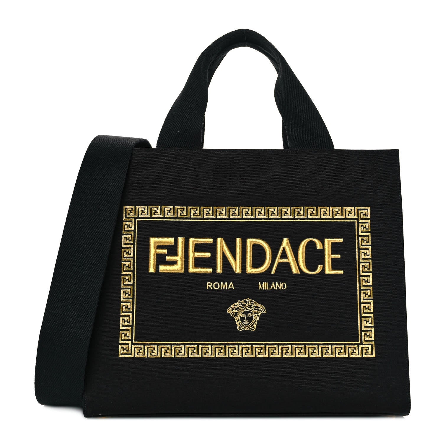 Fendi X VERSACE Cotton Canvas Cuoio Romano Fendace Logo Embroidered Signature Shopping Tote Black Gold 1 of 7