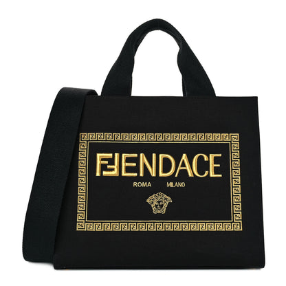 Fendi X VERSACE Cotton Canvas Cuoio Romano Fendace Logo Embroidered Signature Shopping Tote Black Gold 1 of 7