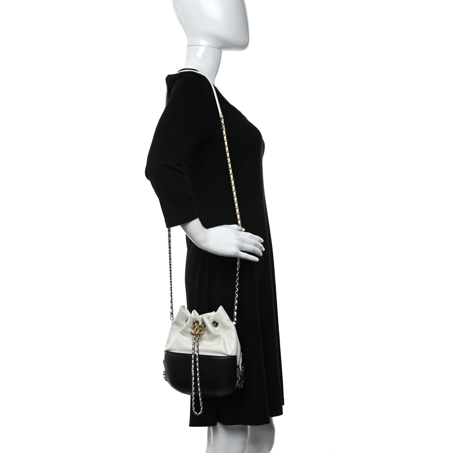 Chanel Aged Calfskin Quilted Small Gabrielle Bucket White Black 2 of 10