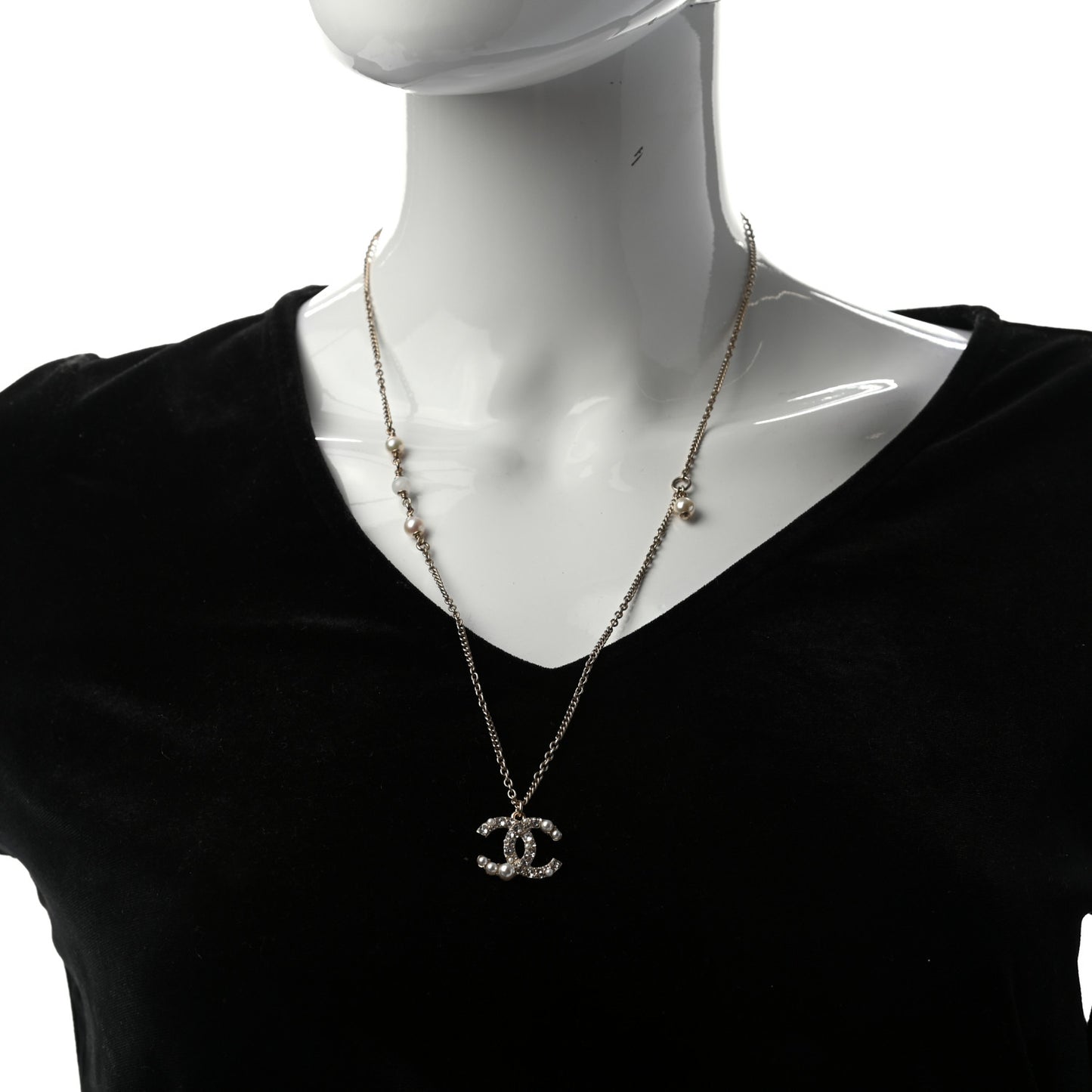 Pearl Crystal CC Pendant Necklace Gold
