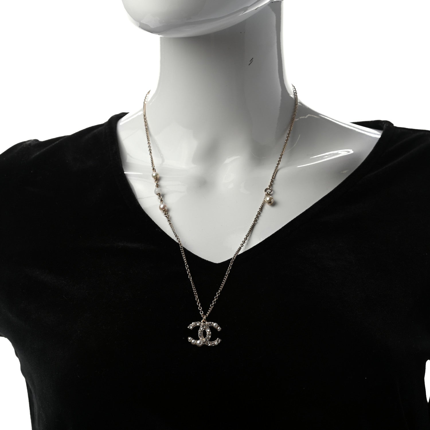 Chanel Pearl Crystal CC Pendant Necklace Gold 2 of 5