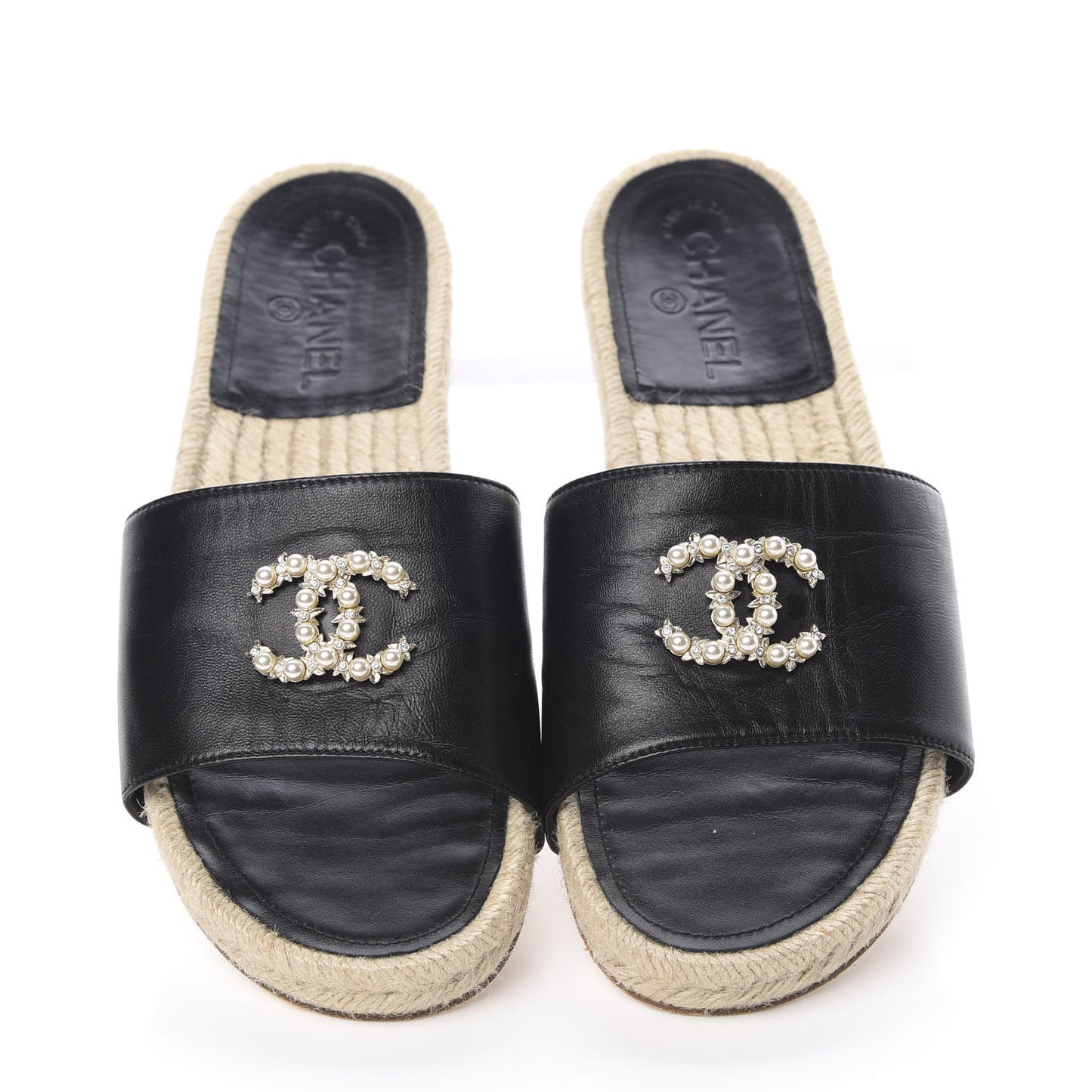 Lambskin Pearl CC Espadrille Slip On Sandals 39 Black
