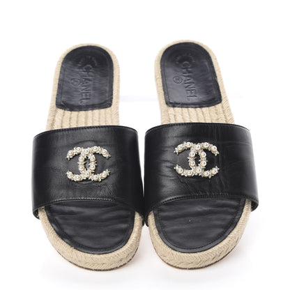 Chanel Lambskin Pearl CC Espadrille Slip On Sandals 39 Black 5 of 11