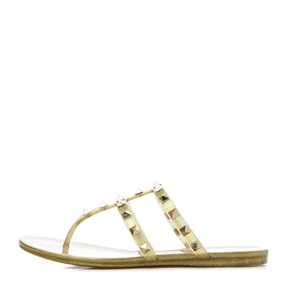 Valentino Garavani PVC Jelly Glitter Rockstud Caged Flat Thong Sandals 35 Oro 1 of 8