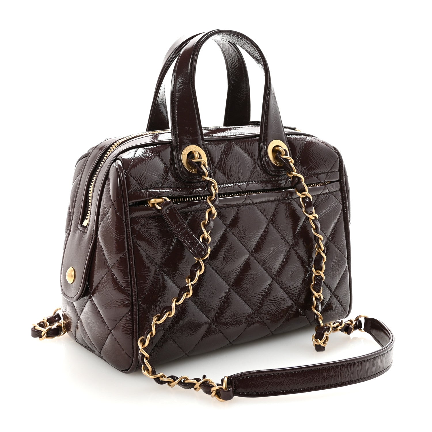 Chanel Shiny Crumpled Calfskin Quilted Small Bowling Bag Dark Brown 3 of 11