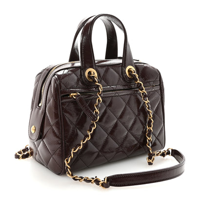 Chanel Shiny Crumpled Calfskin Quilted Small Bowling Bag Dark Brown 3 of 11