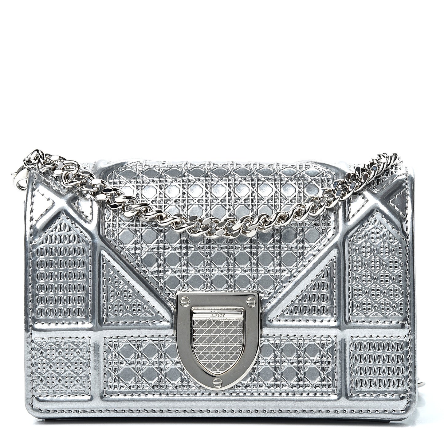 Metallic Patent Micro-Cannage Baby Diorama Flap Bag Silver