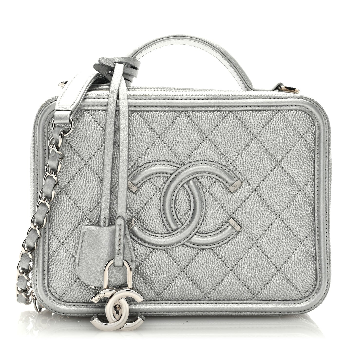 Metallic Caviar Quilted Medium CC Filigree Vanity Case Silver