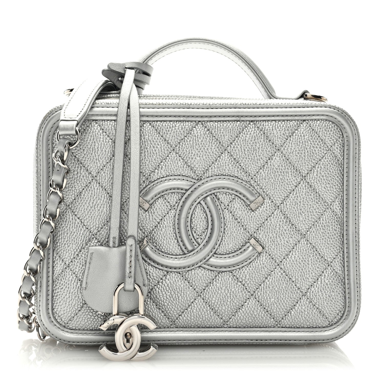 Chanel Metallic Caviar Quilted Medium CC Filigree Vanity Case Silver 1 of 9
