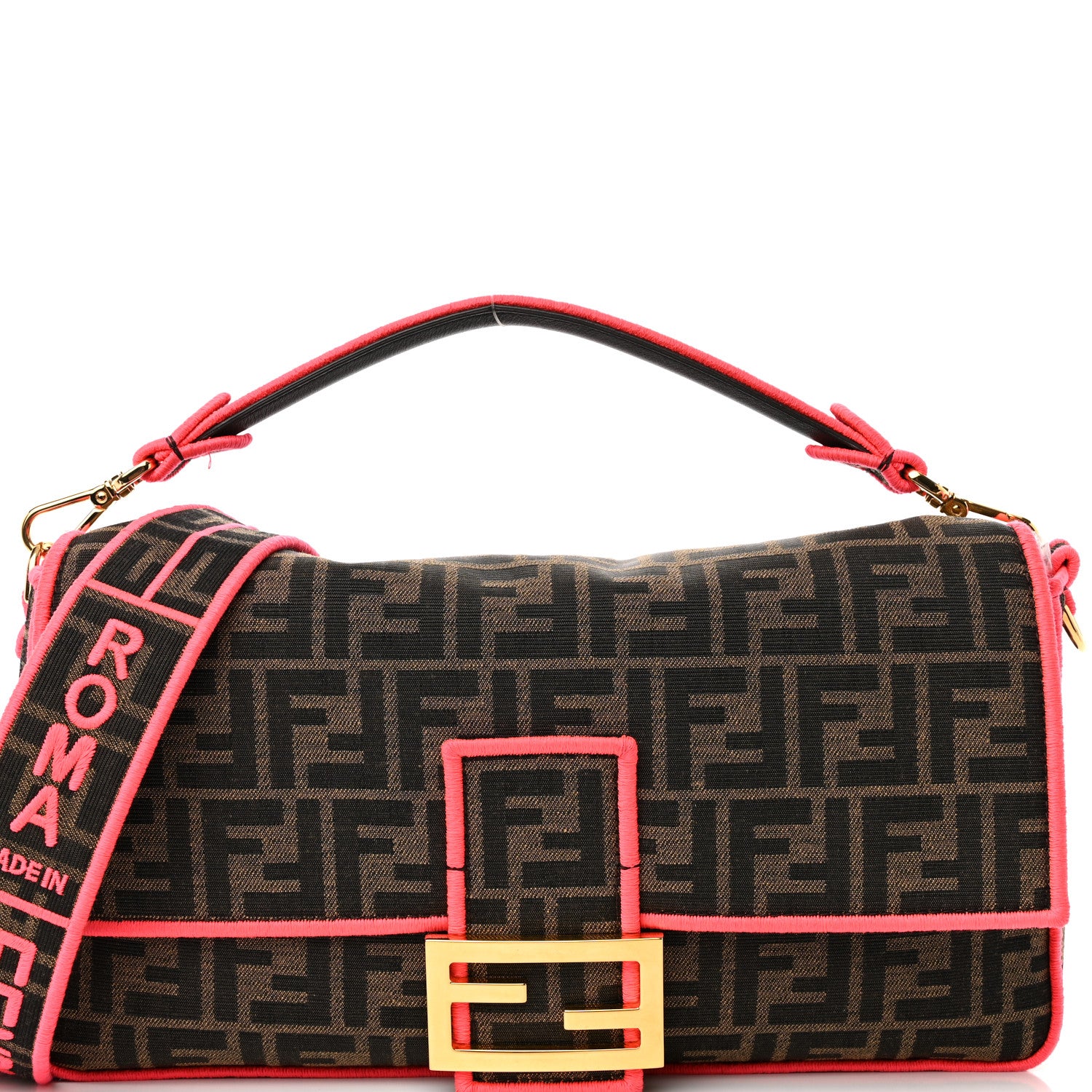 Fendi Fabric Jacquard FF 1974 Large Baguette Tobacco Moro Fuxia Fluo 7 of 11