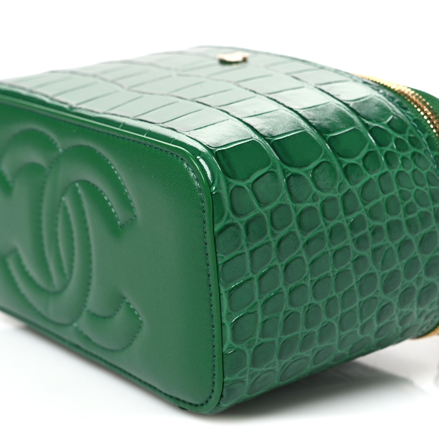 Calfskin Crocodile Embossed Exoticoco Small Top Handle Vanity Case With Chain Emerald