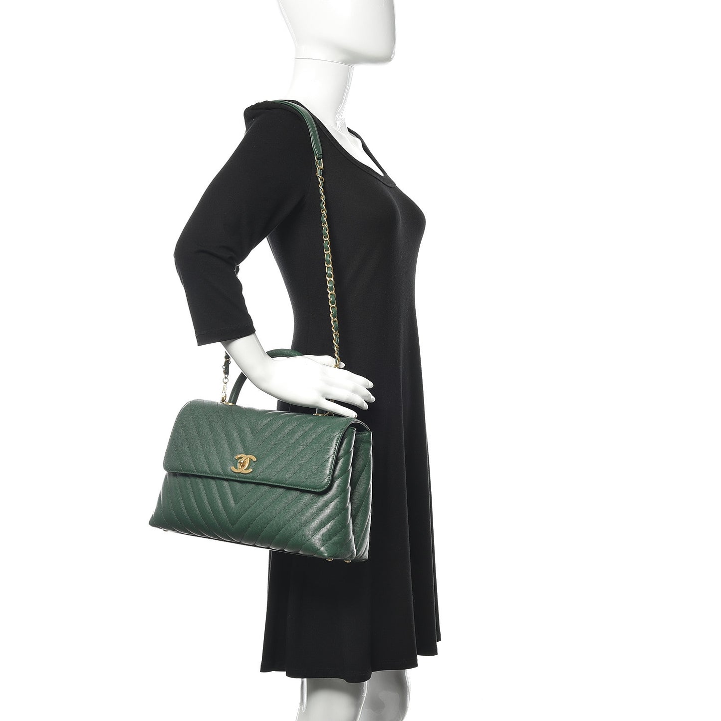 Caviar Chevron Quilted Medium Coco Handle Flap Green