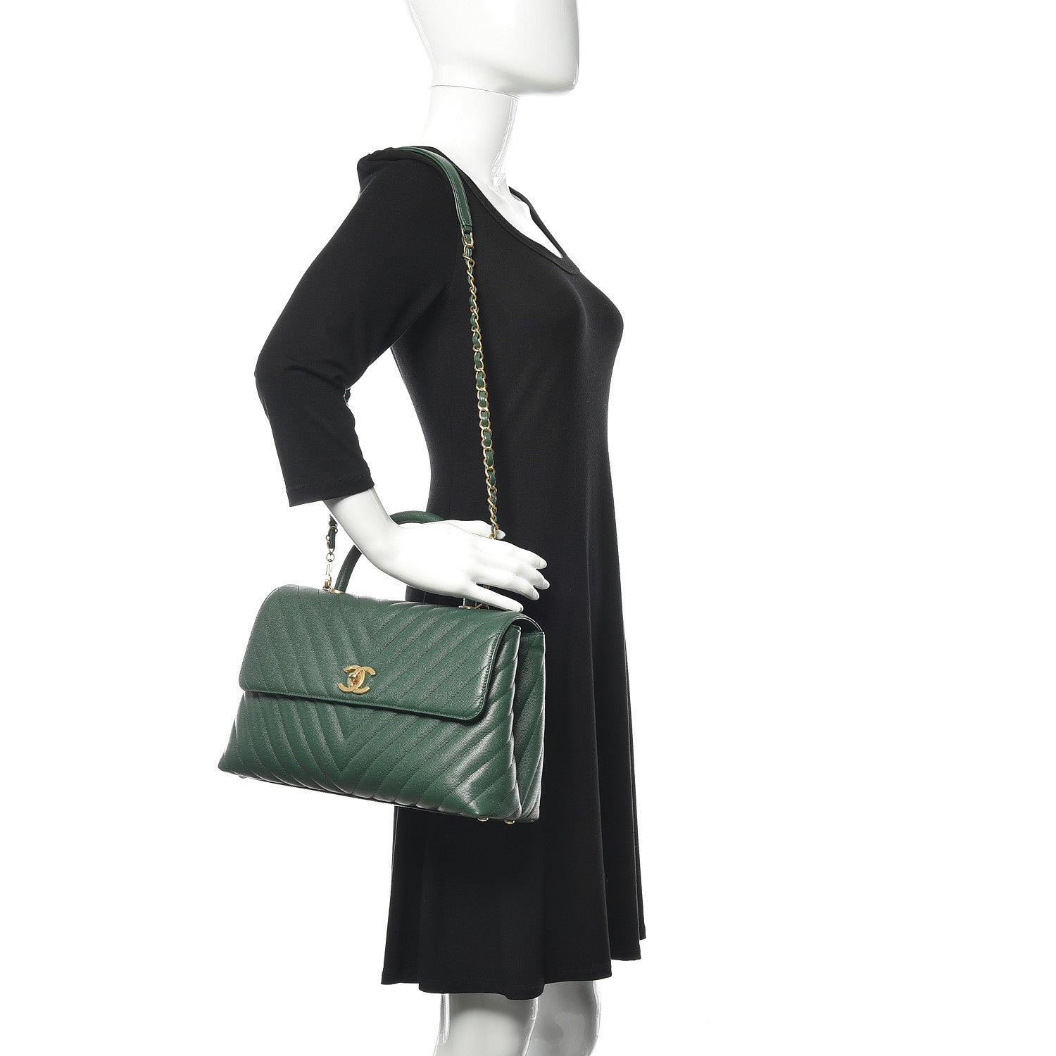 Chanel Caviar Chevron Quilted Medium Coco Handle Flap Green 2 of 10