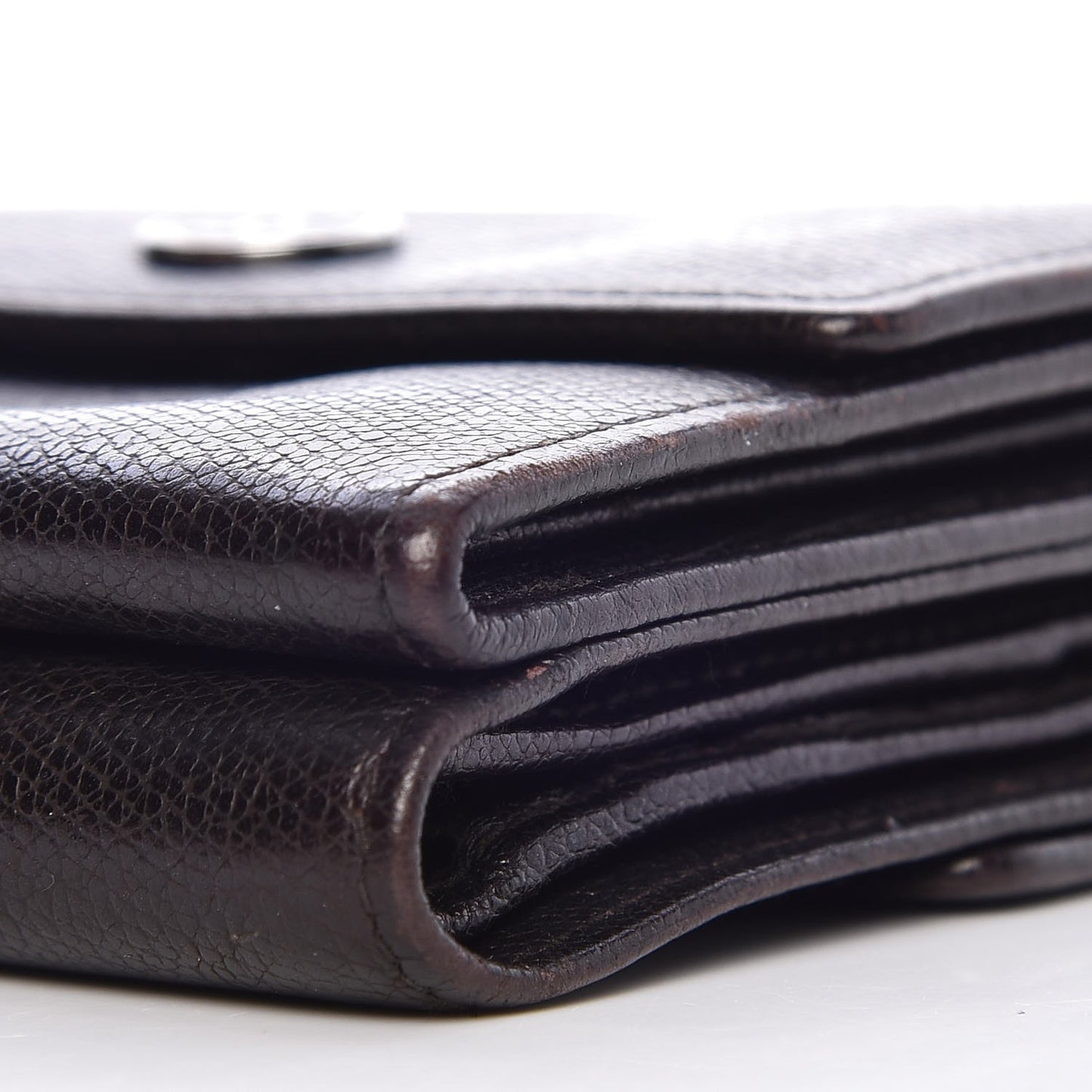 Grained Calfskin CC Button Compact Wallet Dark Brown