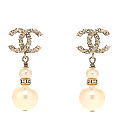 Chanel Pearl Crystal Twisted CC Drop Earrings Gold 1 of 4