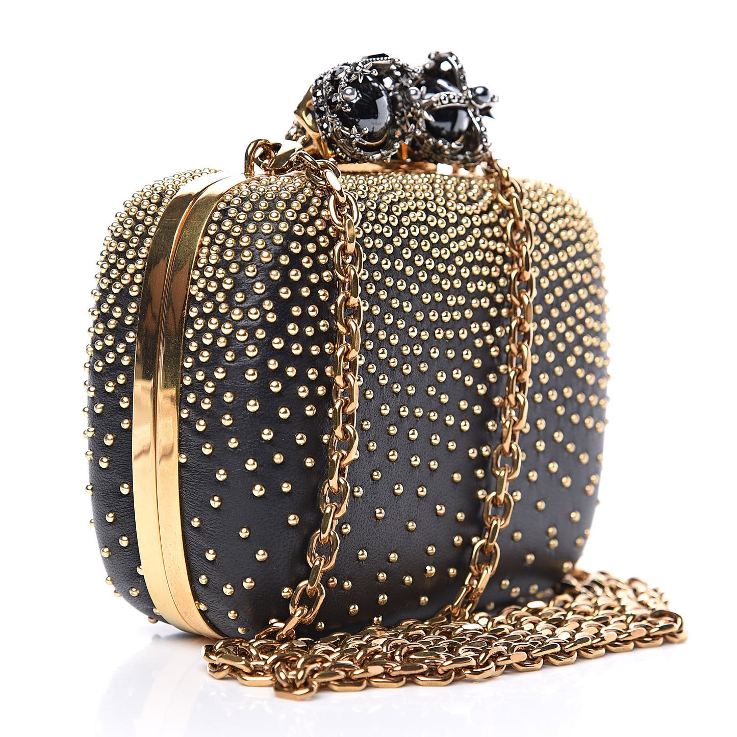 Nappa Studded Mini Queen and King Skull Box Chain Clutch Black Gold