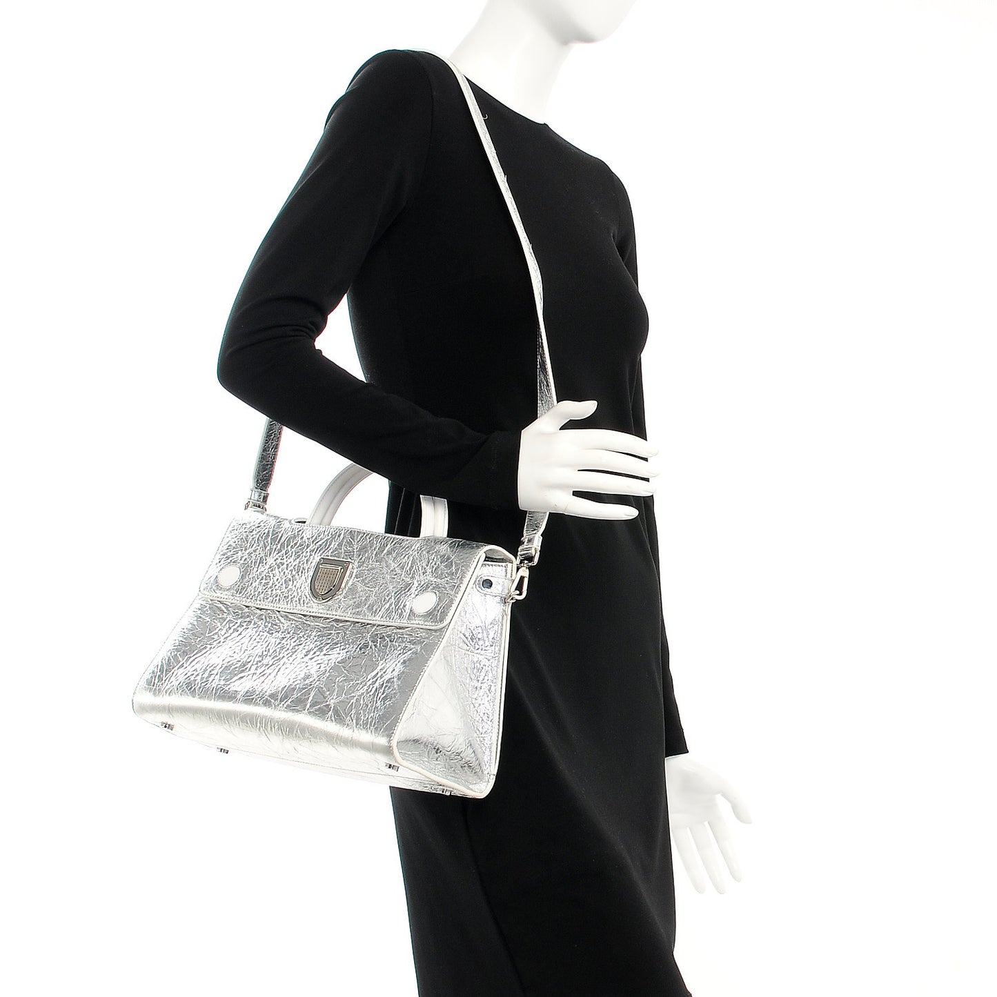 Metallic Calfskin Medium Diorever Flap Silver