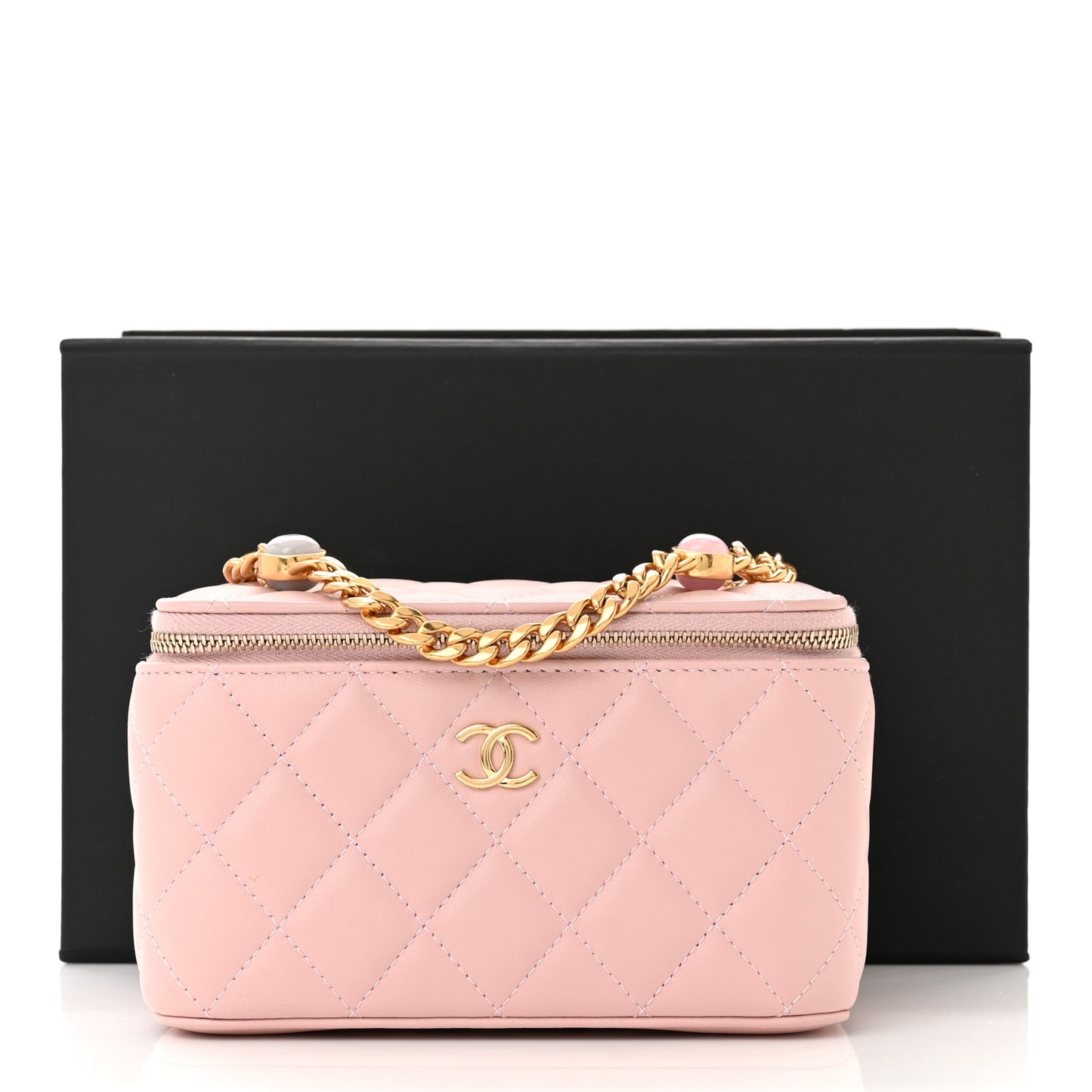 Lambskin Resin Quilted Vanity Case With Chain Pink
