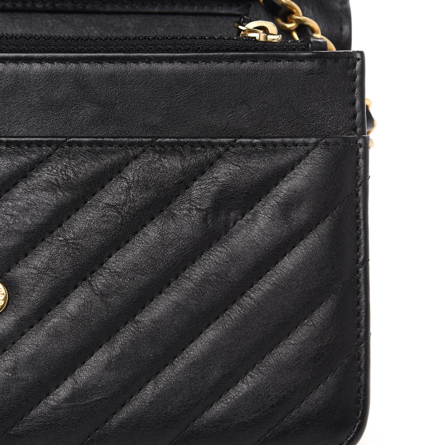 Crumpled Calfskin Chevron Quilted Wallet On Chain WOC Black
