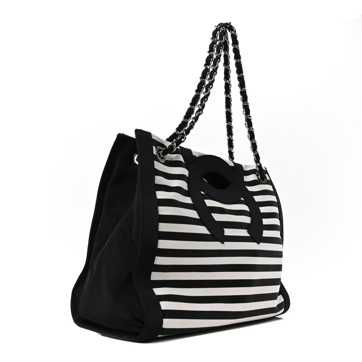Canvas Grosgrain Striped CC Shopping Tote Black White