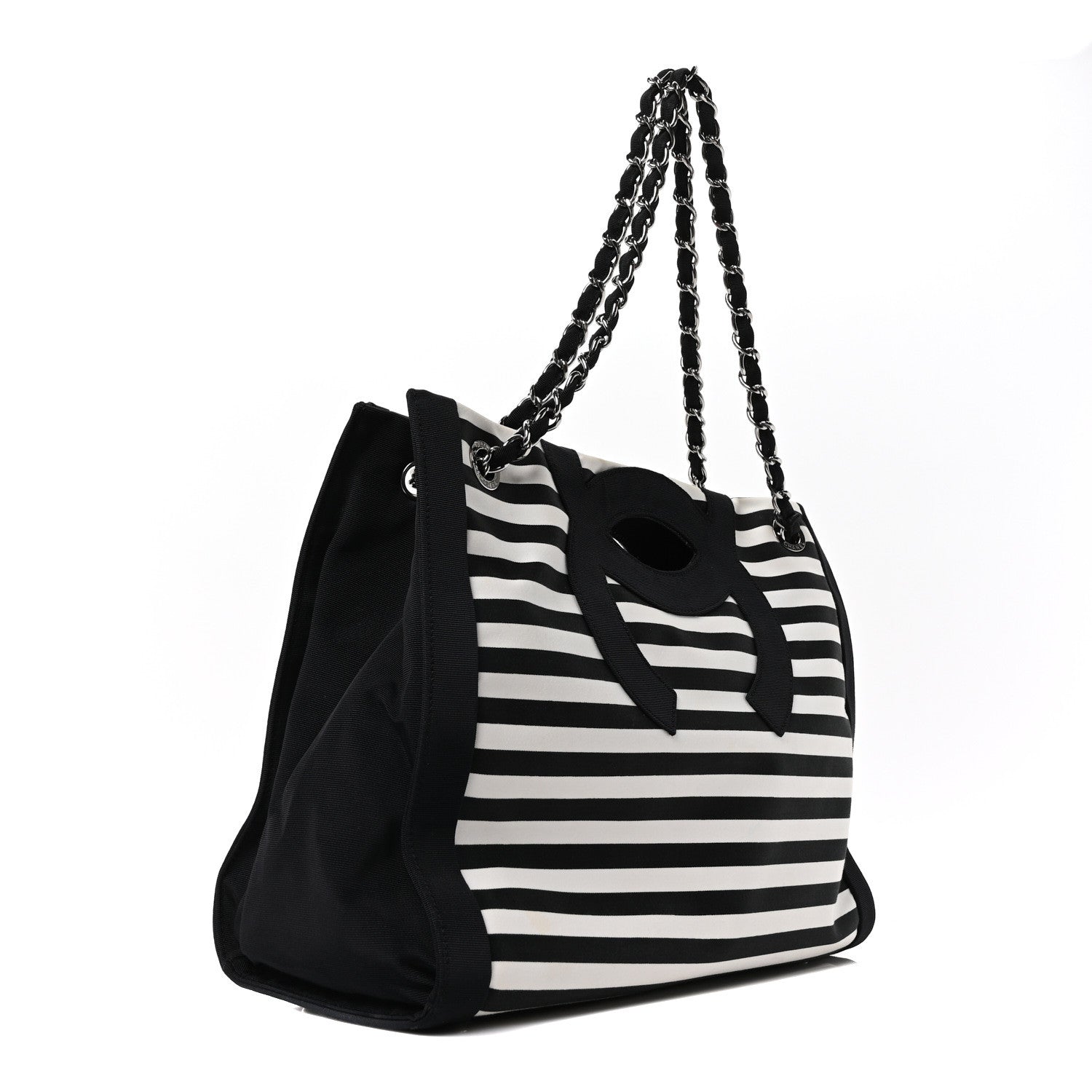 Chanel Canvas Grosgrain Striped CC Shopping Tote Black White 3 of 10
