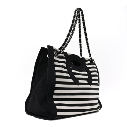 Chanel Canvas Grosgrain Striped CC Shopping Tote Black White 3 of 10