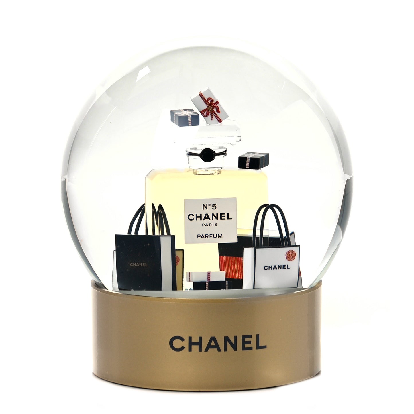 Glass N°5 Perfume Bottle Snow Globe Gold