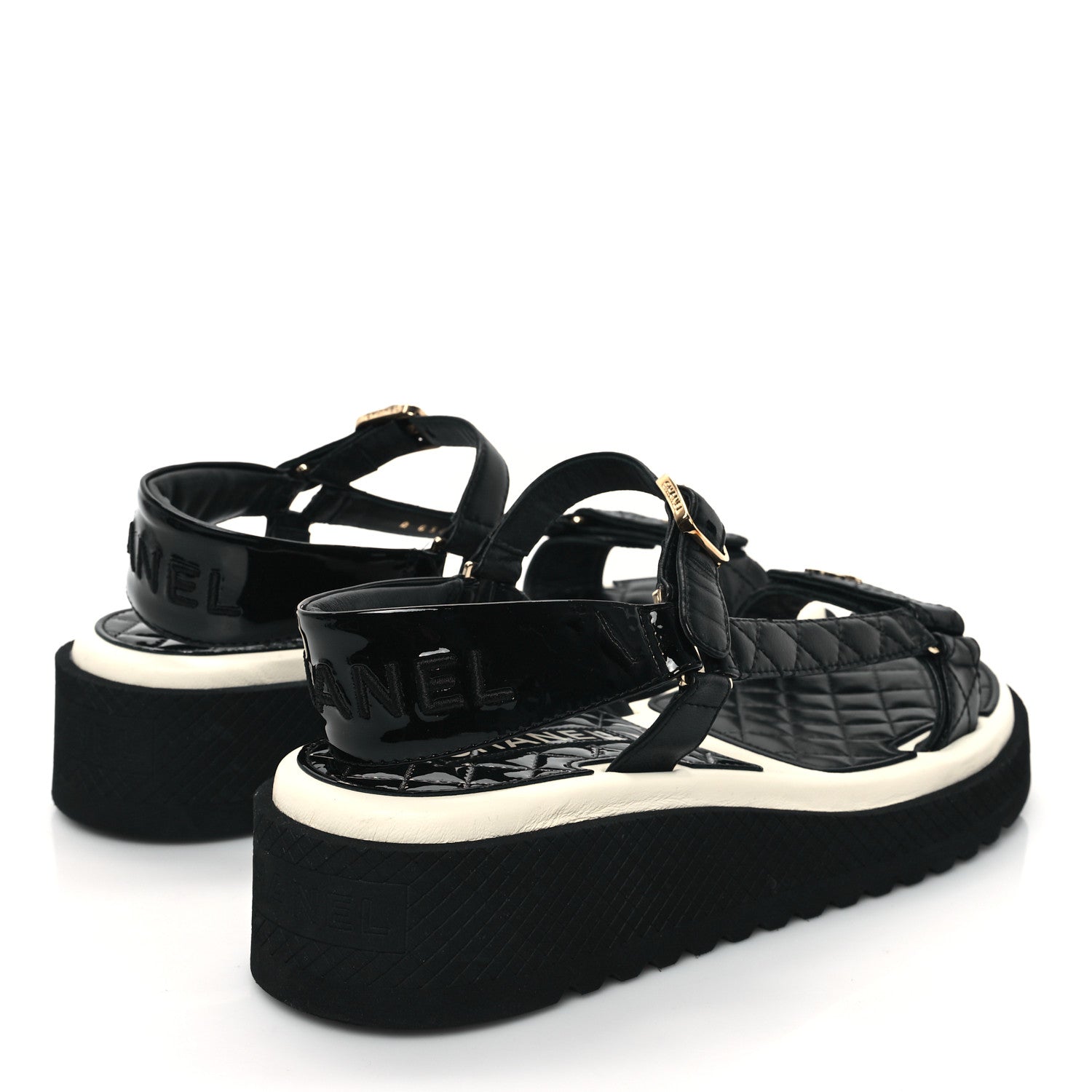 Chanel Lambskin Patent Logo Platform Sandals 41 Black White 4 of 9