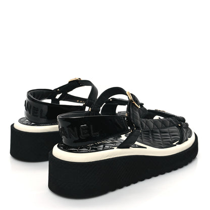 Chanel Lambskin Patent Logo Platform Sandals 41 Black White 4 of 9