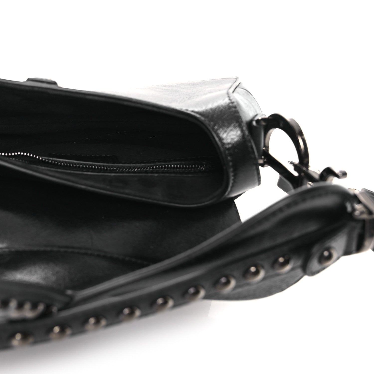 Christian Dior Shiny Crinkled Calfskin Studded Saddle Bag Black 5 of 12