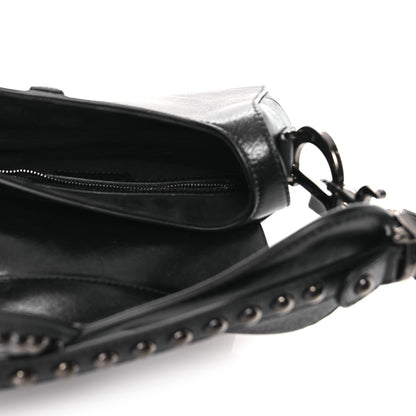 Christian Dior Shiny Crinkled Calfskin Studded Saddle Bag Black 5 of 12