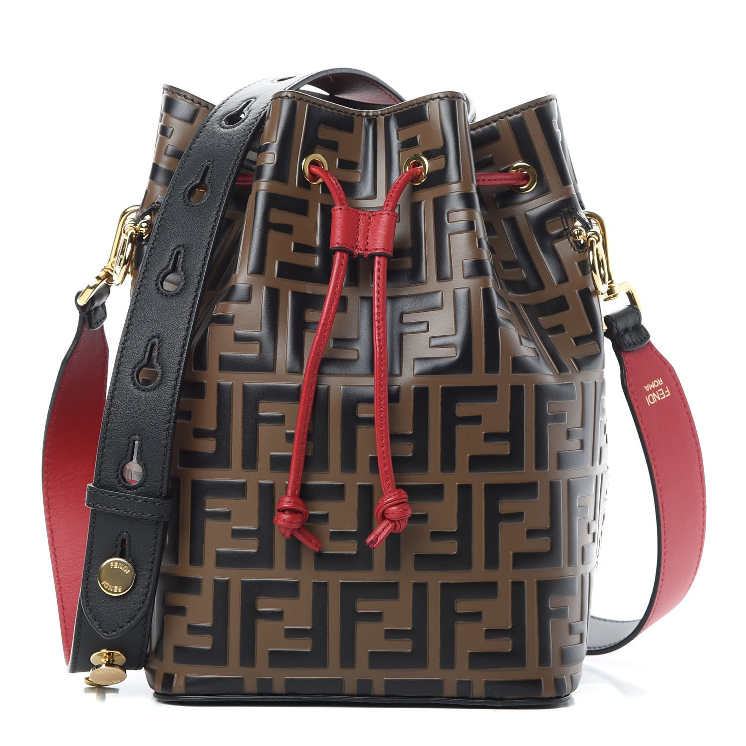 Fendi Vitello Grace F is Fendi Bi-Color FF 1974 Embossed Grande Mon Tresor Bucket Bag Maya Black Fragola 1 of 12