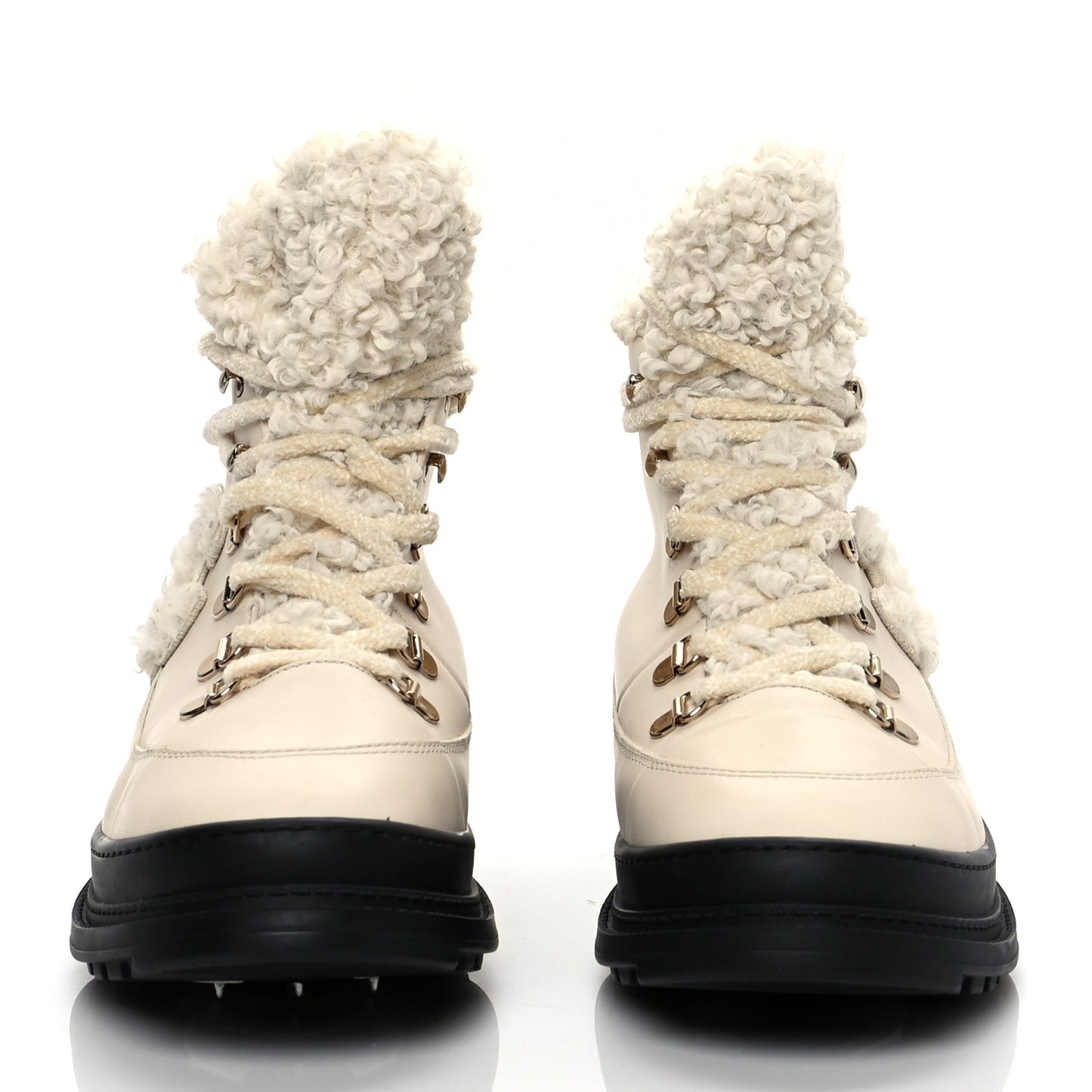 Calfskin Shearling CC Lace Up Boots 40.1 Light Beige Ivory