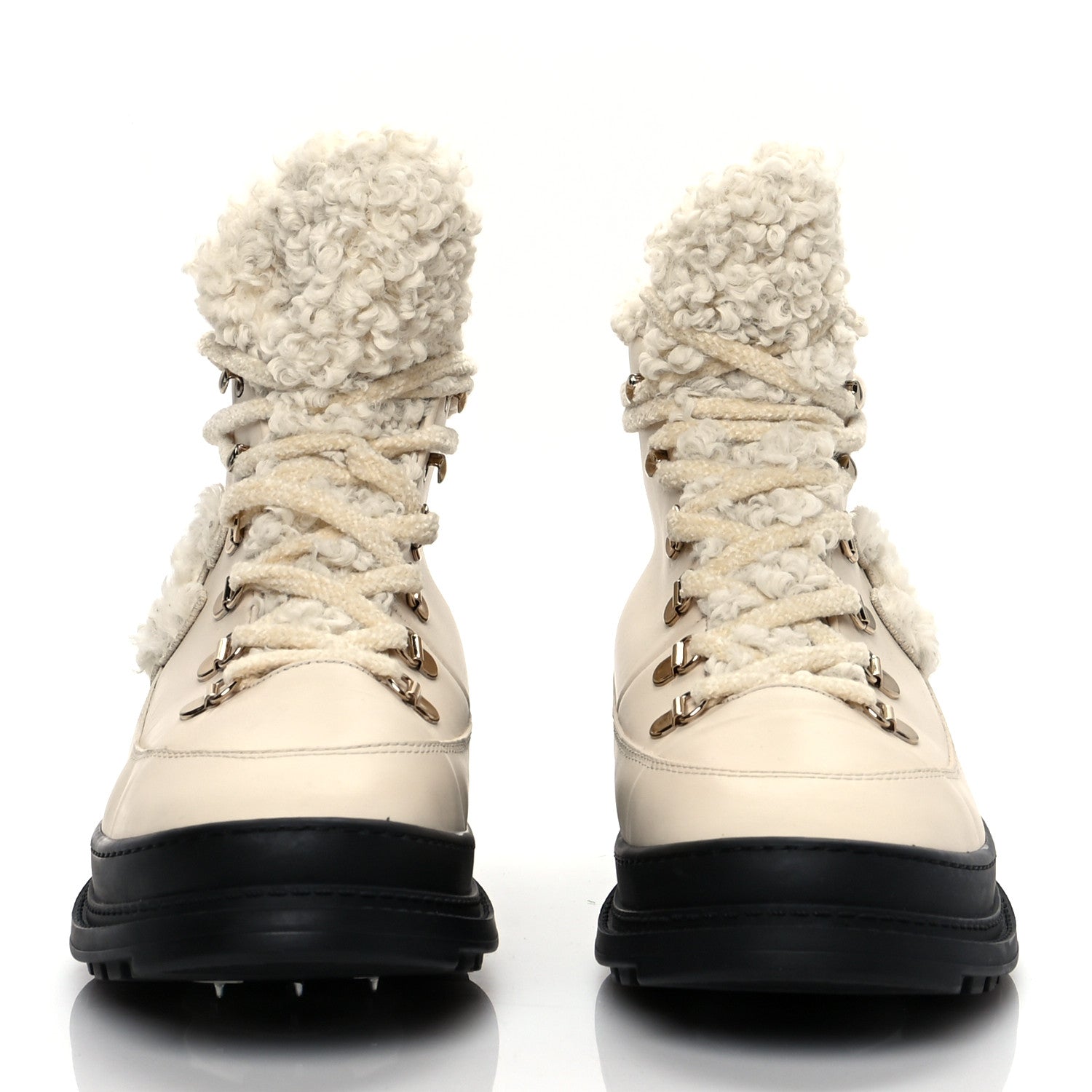 Chanel Calfskin Shearling CC Lace Up Boots 40.1 Light Beige Ivory 2 of 10