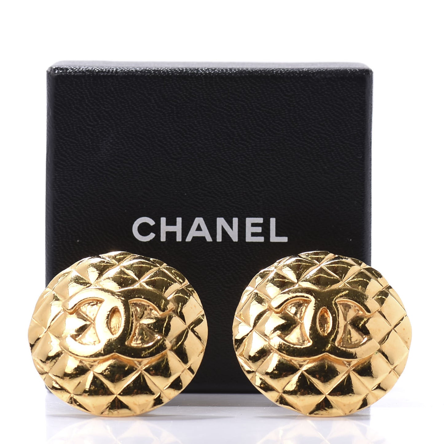 Metal Quilted CC Round Clip On Earrings Gold