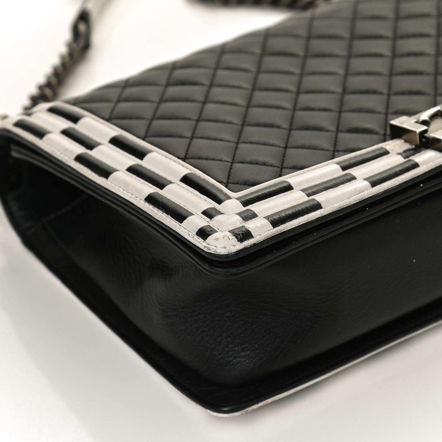 Chanel Calfskin Quilted Checkerboard Trim New Medium Boy Flap Black White 11 of 14