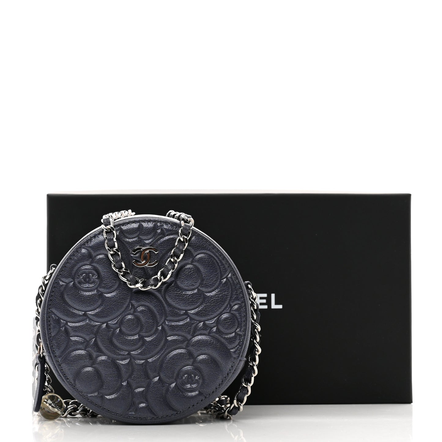Goatskin Camellia Quilted Round Clutch With Chain