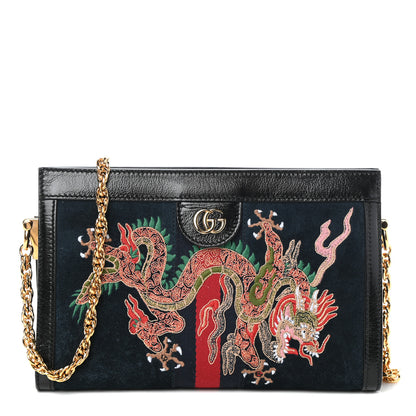 Gucci Suede Patent Web Dragon Embroidered Small Ophidia Chain Shoulder Bag Blue Black 1 of 9
