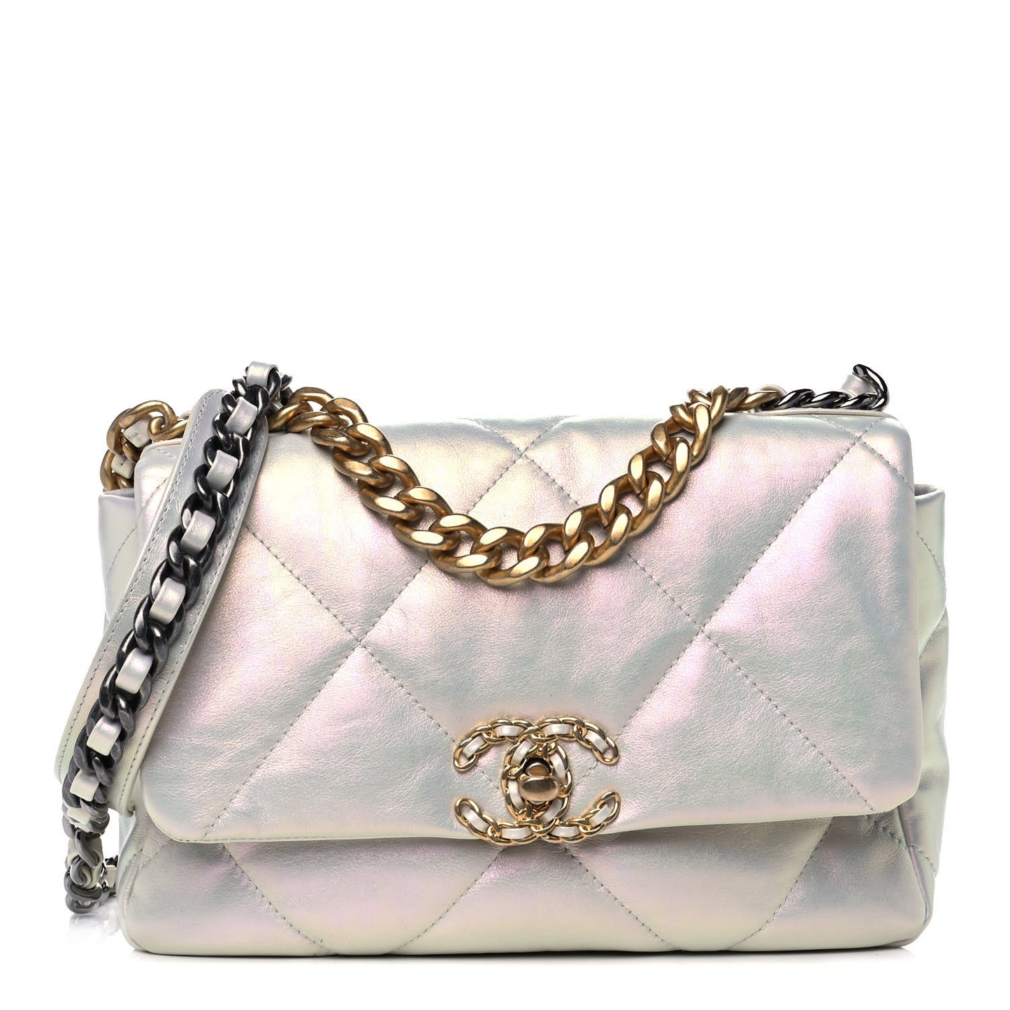 Iridescent Calfskin Quilted Medium Chanel 19 Flap White