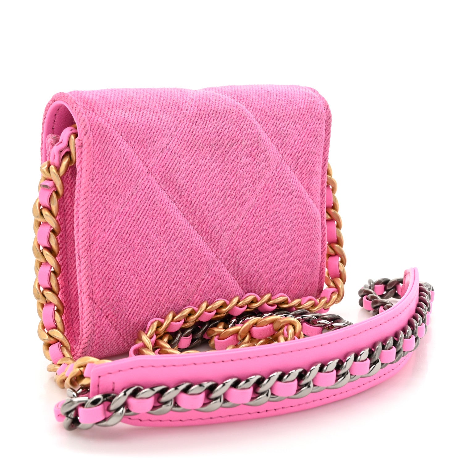 Chanel Denim Quilted Chanel 19 Flap Coin Purse With Chain Pink 3 of 14