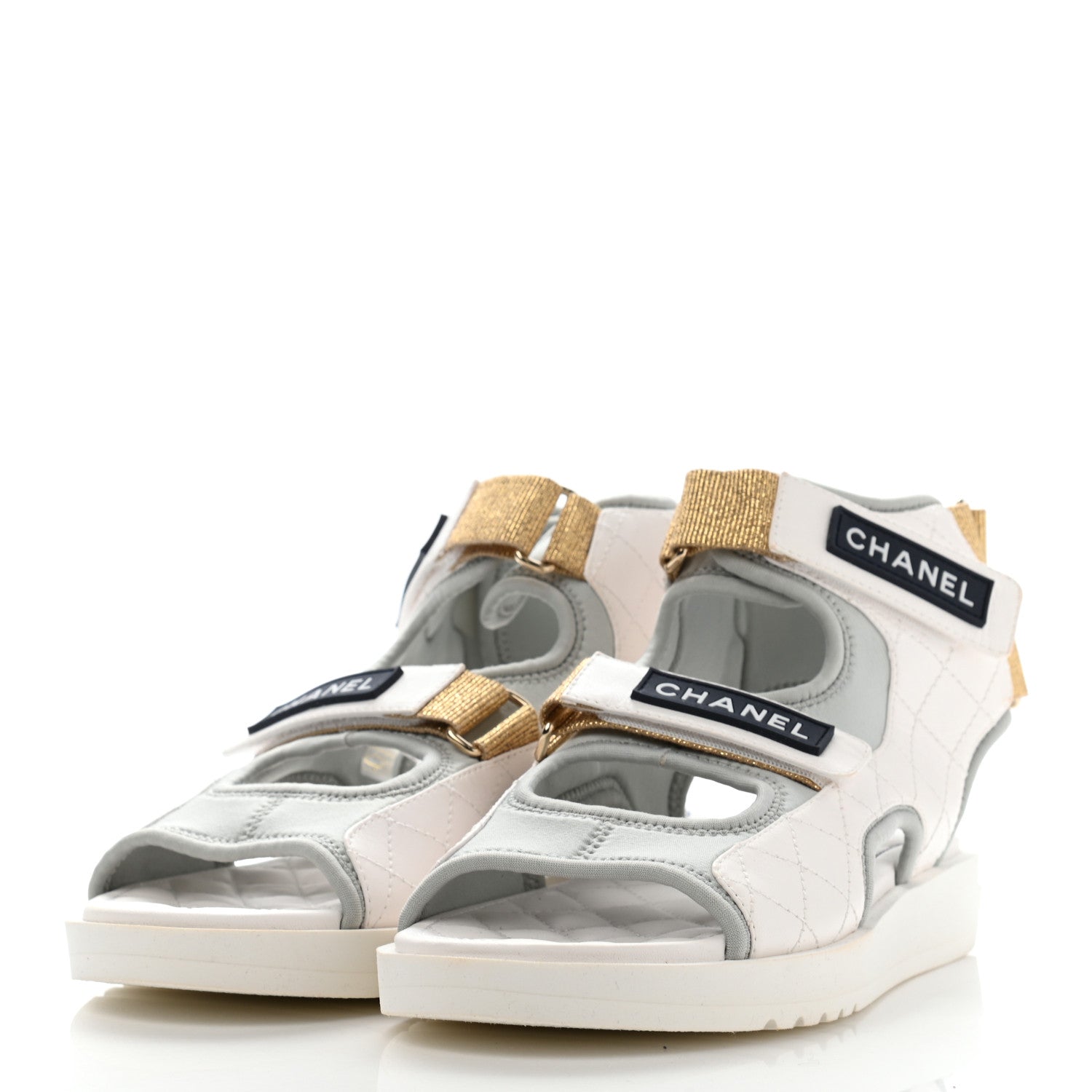 Chanel Goatskin Fabric Gladiator Sandals 40 White Light Grey Navy Blue 3 of 11