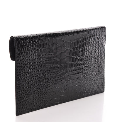 Saint Laurent Calfskin Crocodile Embossed Uptown Monogram Clutch Black 3 of 7