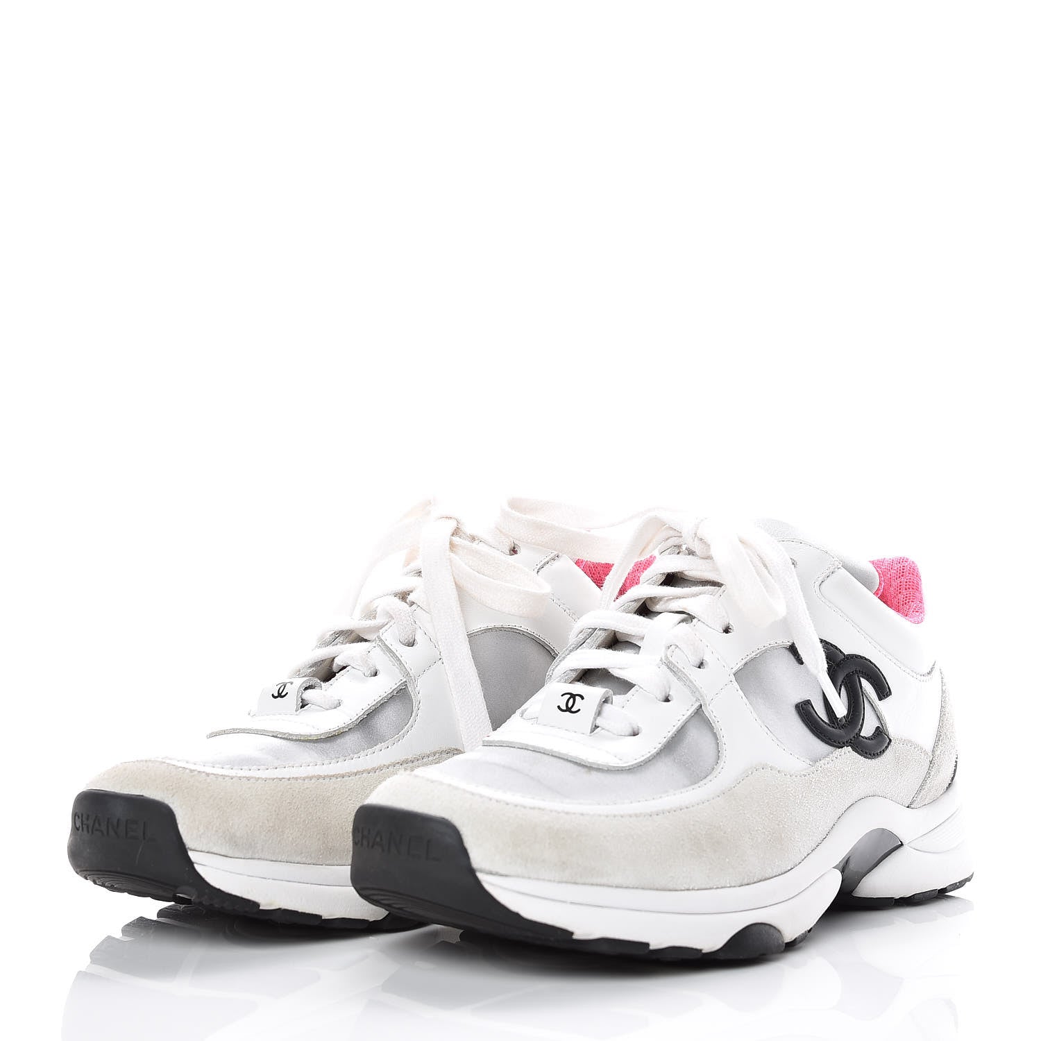 Chanel Calfskin Fabric Sneakers 35 White Silver Fluo Pink 3 of 8